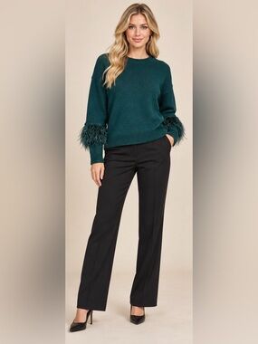 Chelsea & Violet Teal Green Genuine Ostrich
Feather Sleeve Sweater, Size Small